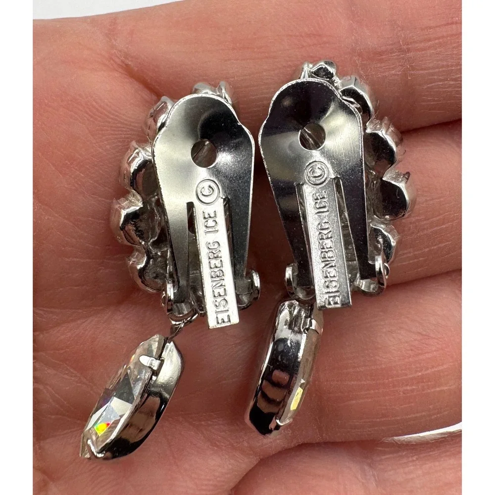 Eisenberg Ice Vintage Rhinestone Clip On Earrings Silver Tone Dangle 2